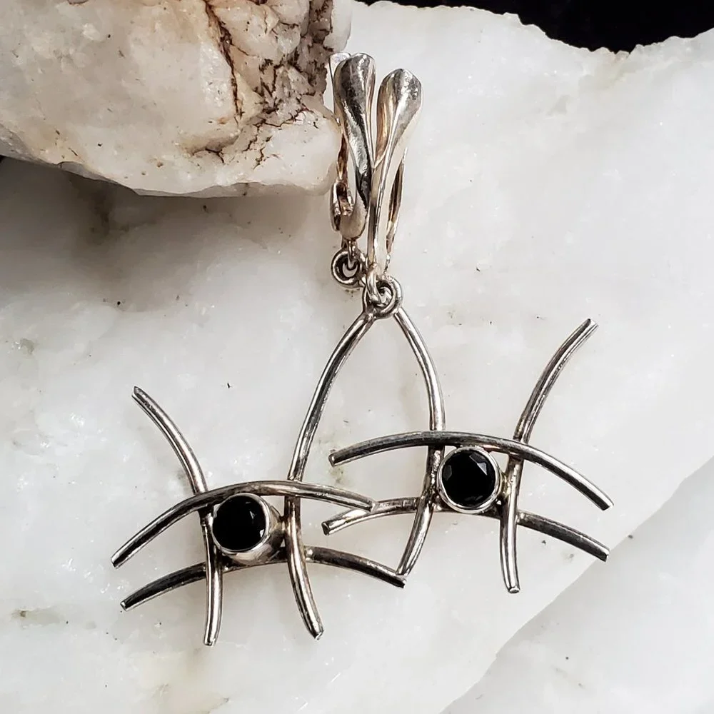 Sterling Silver 925 Earrings Natural Black Onyx Abstract Designer Silversmith